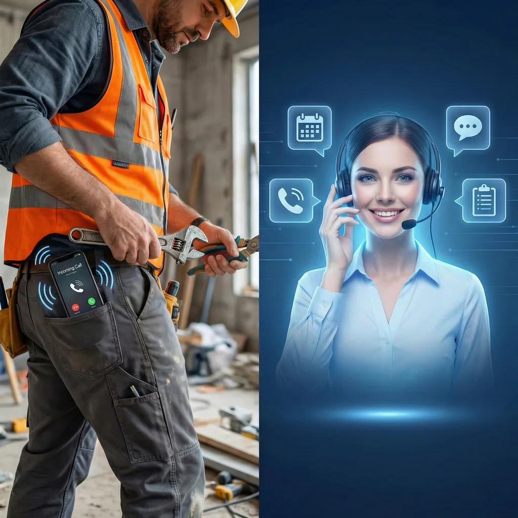 Tradesperson on a job site with phone ringing — AI Voice Assistant answers the call