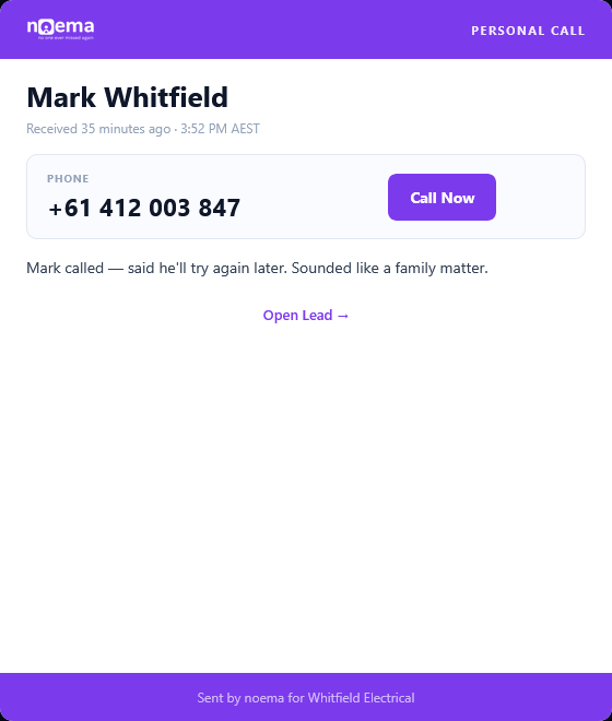 Personal call email alert